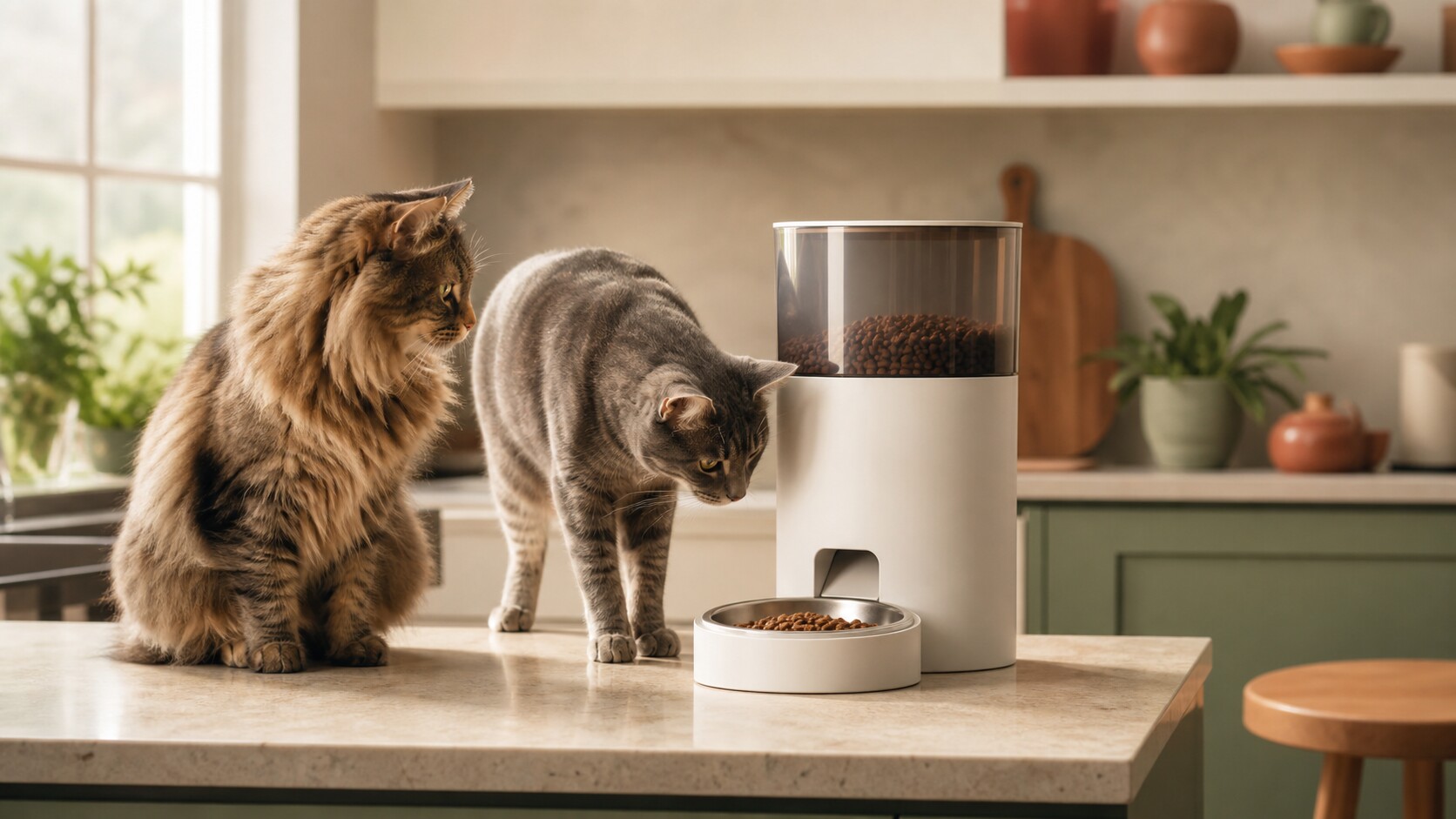 An automatic pet feeder on a kitchen counter with two cats nearby