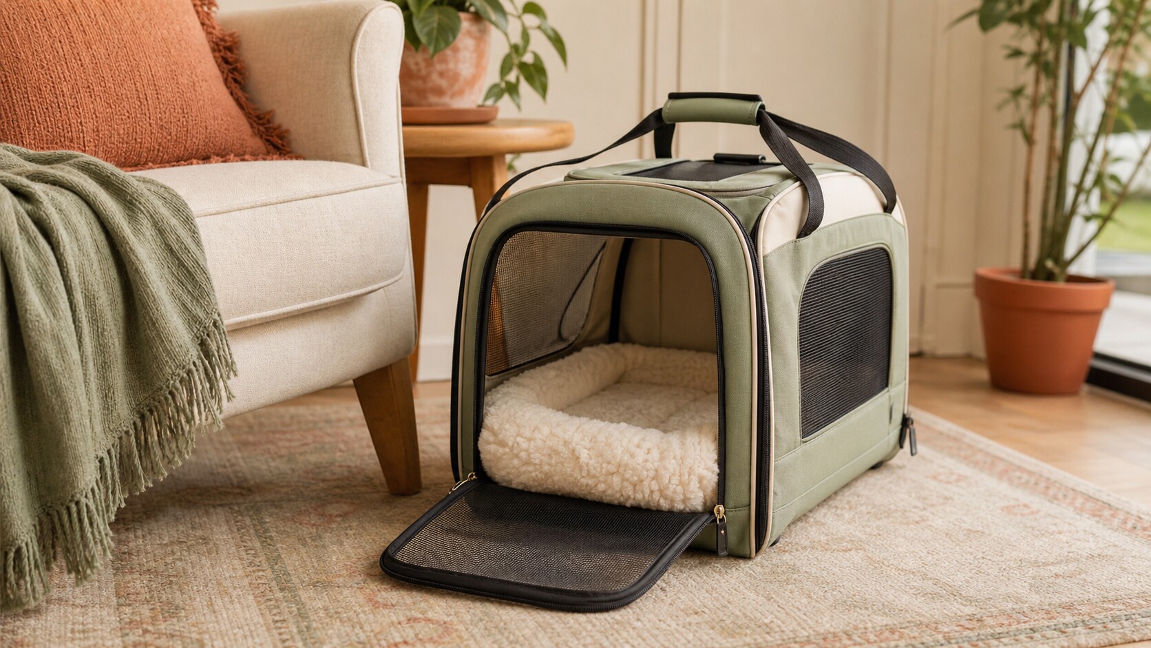 A soft-sided cat carrier resting on a chair in a warm, homey setting