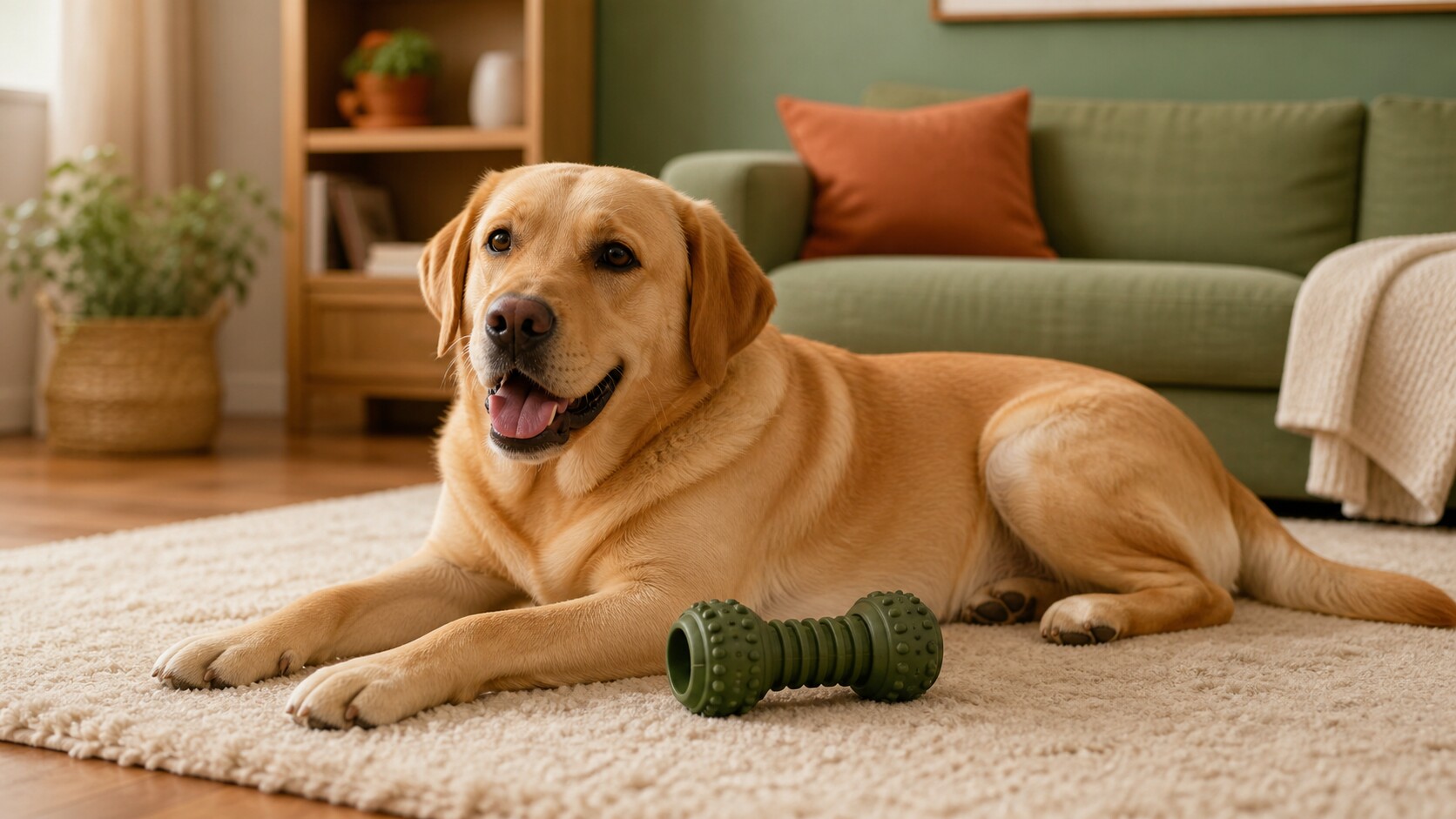 A durable rubber chew toy on the floor next to a large dog