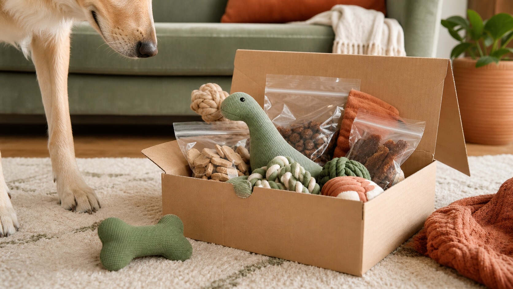 A dog subscription box open on a floor with toys and treats spilling out