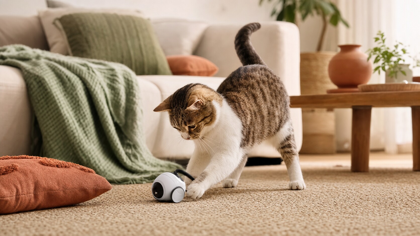 A cat playing with an interactive toy in a warm, softly lit living room