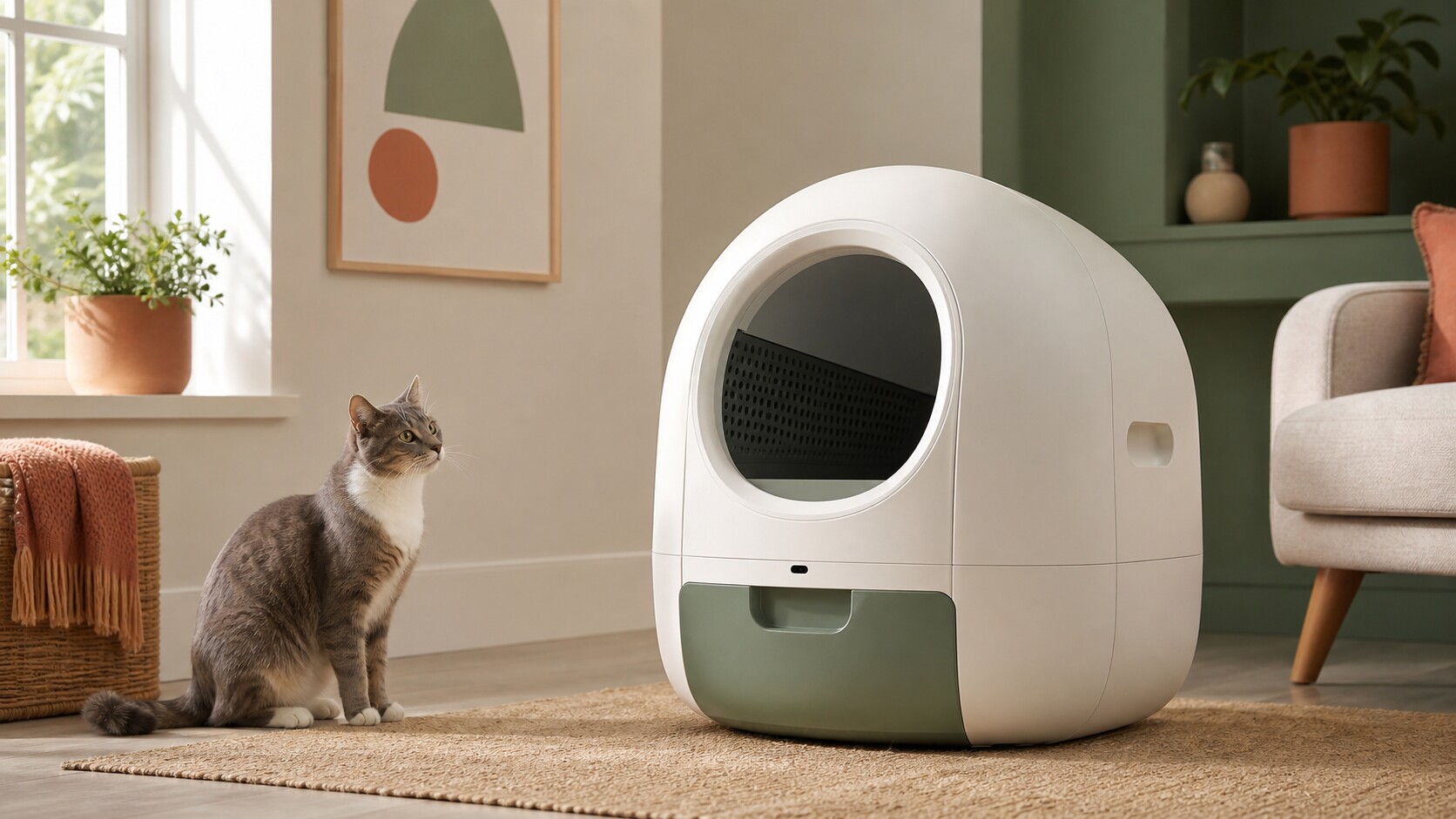 A modern enclosed litter box in a clean, sage-green toned living room with a cat sitting nearby