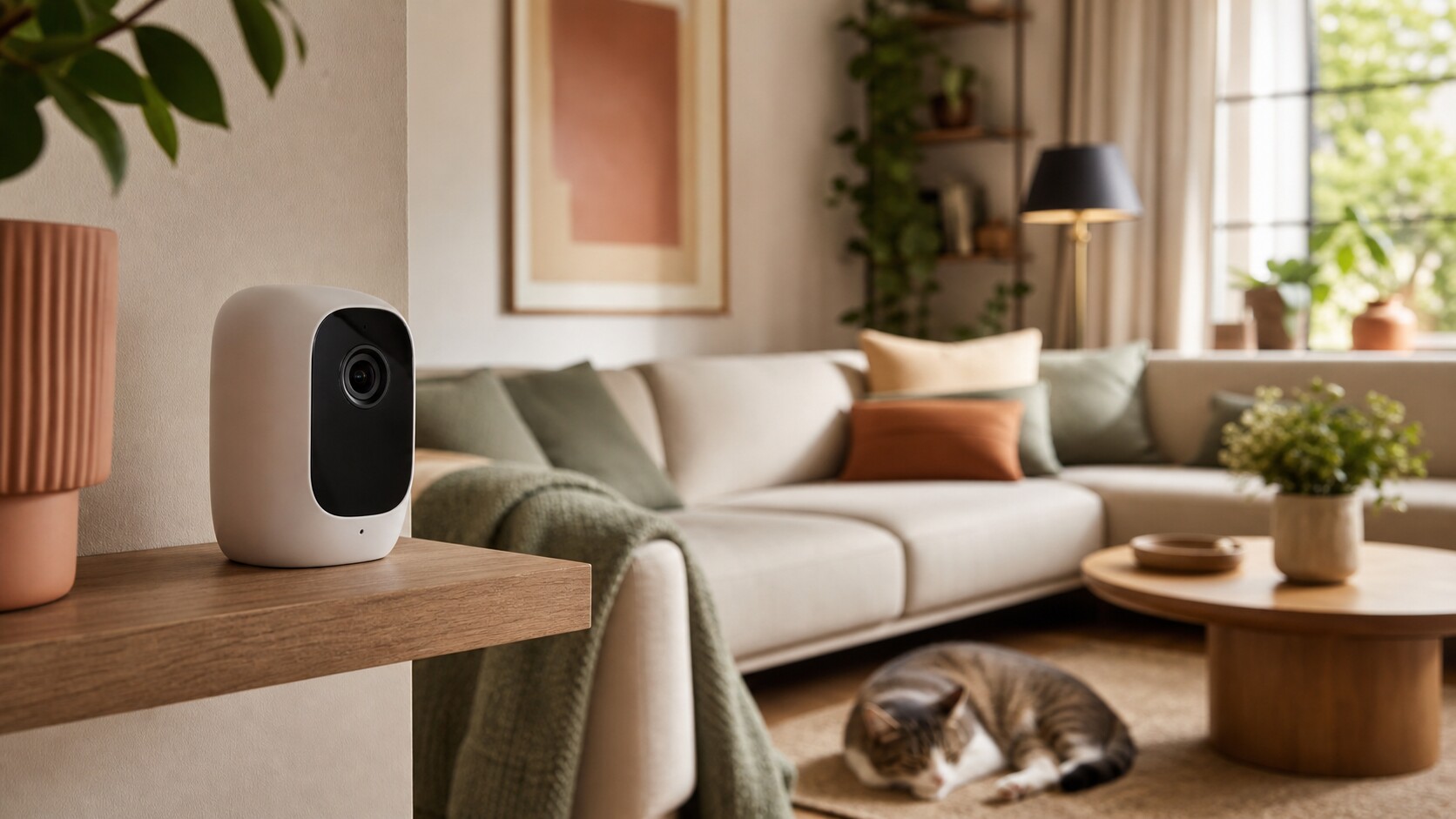 A compact pet camera mounted on a shelf overlooking a living room with a cat resting nearby